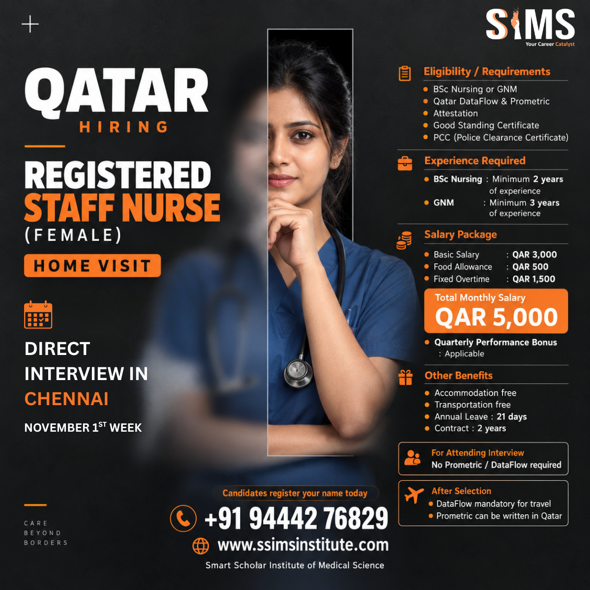 Registered Staff Nurse (Female) – Qatar Home Visit | Direct Interview Chennai